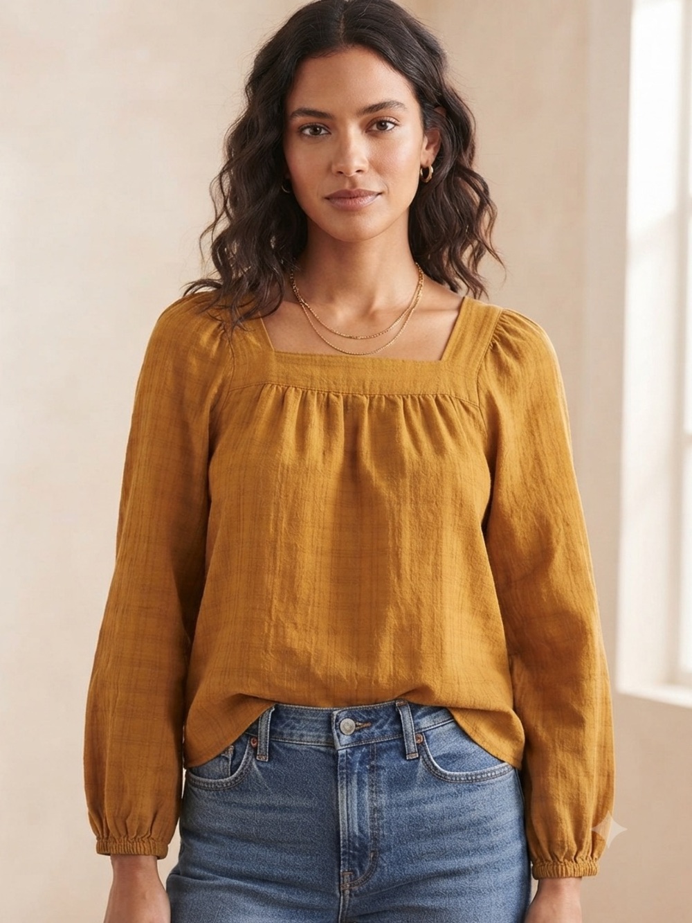 Madewell Rust-Brown Square-Neck Gauze Blouse
